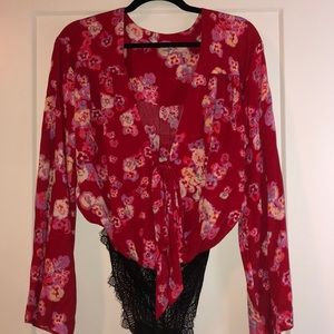 Free People Red Floral Body Suit Size Small